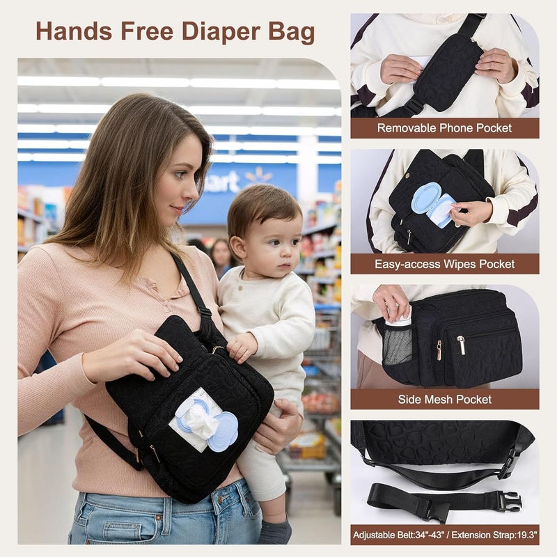 Rexmore Store Puffer Quilted Fanny Pack Diaper Bag for Mom - Women‘s Compact Crossbody Purse with Portable Changing Pad & Wipes Pouch, Travel & Quick Errand Baby Essentials Organizer(Black) - Image 2